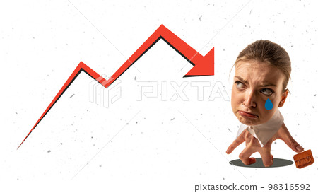 Contemporary art collage with woman's head on human hand instead body and legs like office clerk white collar. Hand-thing. Creative, business process, job Contemporary art collage with woman's head on human hand instead body and legs like office clerk white collar. Hand-thing. Creative, business process, job 98316592