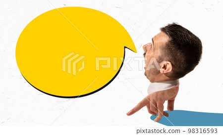 Conceptual creative art collage with huge man's head on human hand instead body and legs like office manager, white collar. Creative, business process, job, career concept Conceptual creative art collage with huge man's head on human hand instead body and legs like office manager, white collar. Creative, business process, job, career concept 98316593