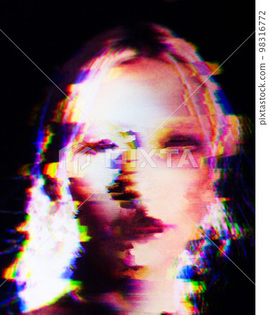 Glitch. Woman's face on the glitched screen. Glitch. Woman's face on the glitched screen. 98316772