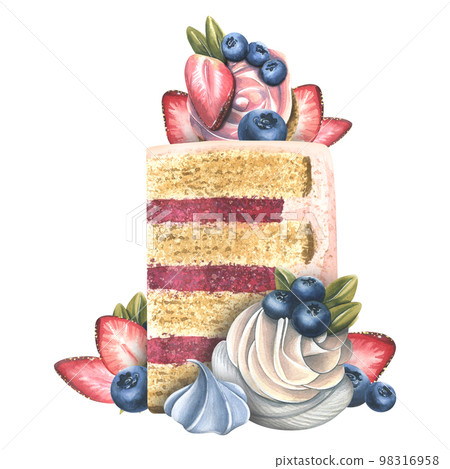A piece of cake decorated with strawberries, blueberries, meringue and cream. Watercolor illustration. A composition from the collection of SWEETS. For the design and design of menus, recipes, cafes 98316958