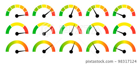 Speedometer gauge meter icons. Vector scale, level of performance. Speed indicator .Infographic of risk, gauge, score progress. Speedometer gauge meter icons. Vector scale, level of performance. Speed indicator .Infographic of risk, gauge, score progress. 98317124