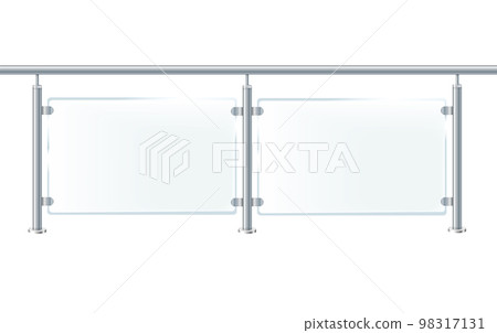 Glass or plexiglass fence with banisters. Architectural guardrail for balcony or office terrace. Glass or plexiglass fence with banisters. Architectural guardrail for balcony or office terrace. 98317131