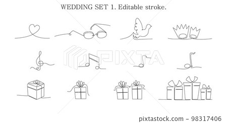 Decoration continuous line hand drawing elements set for wedding photo book, invitations. Vector stock illustration minimalism design isolated on white background. Editable stroke single line. EPS10 98317406