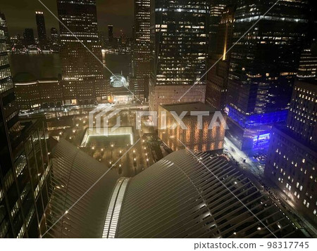 Aerial view of the World Trade Center Memorial and Oculus New York City at night Aerial view of the World Trade Center Memorial and Oculus New York City at night 98317745