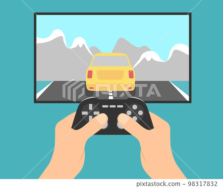 Flat design illustration of male hands, tv set and game controller. Player playing car racing video game, vector 98317832