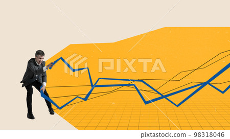 Contemporary art collage. Conceptual design. Businessman, employee pulling graph, analytics to overcome crisis and struggles 98318046