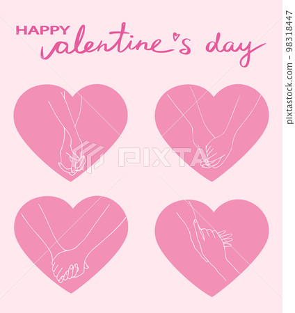 Happy Valentines Day love card. Holding hands set. Heart shapes. Hand in hand. Handwriting. Love theme. Romantic. Hand drawn art 98318447