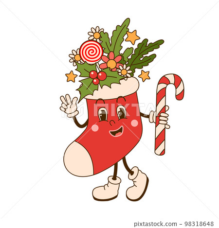 Groovy Christmas sock character in retro cartoon style isolated on white background. 98318648
