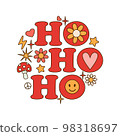 Ho ho ho text with daisy in retro cartoon style isolated on white background. 98318697