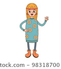 Cute hippie happy girl in winter sweater with daisy in cartoon style isolated on white background. 98318700