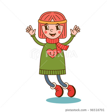 Cute hippie happy little girl in winter sweater in cartoon style isolated on white background. Cute hippie happy little girl in winter sweater in cartoon style isolated on white background. 98318701