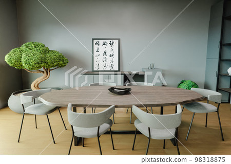 Room with a wooden table, a Japanese picture and a bonsai tree 3d render Room with a wooden table, a Japanese picture and a bonsai tree 3d render 98318875