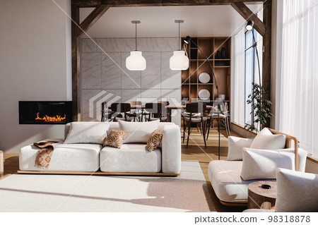 Interior of a open space of a modern house with white furniture 3d render 98318878