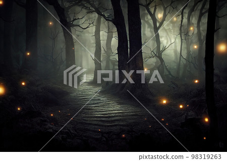 Mysterious golden lights along a path in dark foggy forest at night, spooky fairy tale atmosphere, 3d digital illustration Mysterious golden lights along a path in dark foggy forest at night, spooky fairy tale atmosphere, 3d digital illustration 98319263
