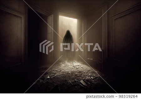 Dark ghostly figure in a doorway in abandoned room, creepy haunted house interior, rubble on the floor, Sepia toned 3D digital illustration Dark ghostly figure in a doorway in abandoned room, creepy haunted house interior, rubble on the floor, Sepia toned 3D digital illustration 98319264