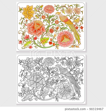 Fantasy flowers and pheasant bird in retro, vintage, chinese silk Fantasy flowers and pheasant bird in retro, vintage, chinese silk 98319467
