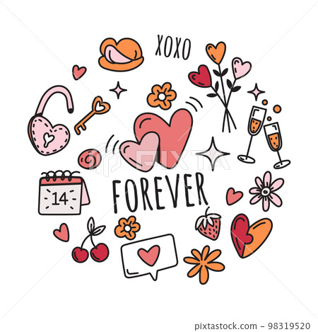 Vector valentines day elements in round composition in doodle style Vector valentines day elements in round composition in doodle style 98319520