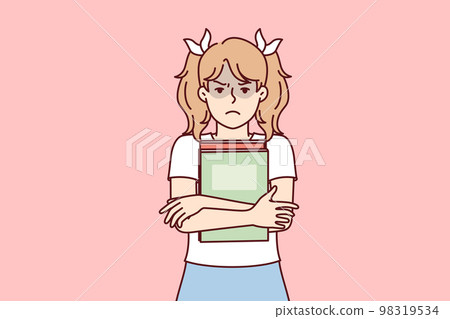 Schoolgirl with pigtails stands clutching books to chest and looking at camera. Vector image Schoolgirl with pigtails stands clutching books to chest and looking at camera. Vector image 98319534