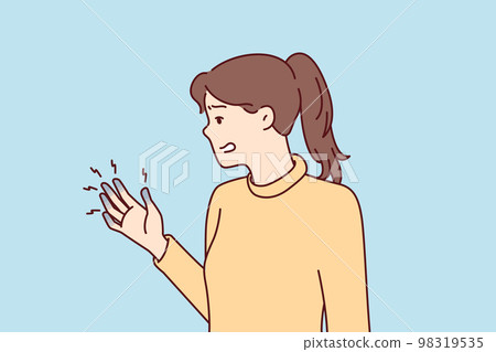 Woman experiencing with blue fingers after injury or chronic illness tormented by pain. Vector image 98319535