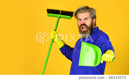 Tired housekeeper. cleaning service people. mature male worker with broom cleaning. Male Janitor Cleaning With Broom. Man cleaning home with broom. Janitor man sweeping. spring clean 98319573