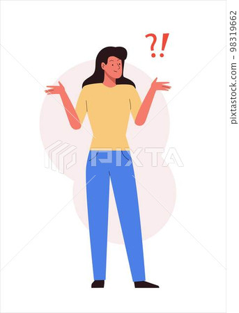 Woman wondering with question mark. Surprised shocked female 98319662