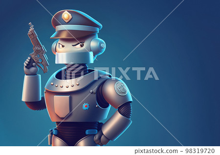 Robot policeman standing with a gun over blue background with copy space. 3D illustration Robot policeman standing with a gun over blue background with copy space. 3D illustration 98319720