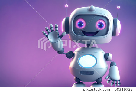 Cute robot waving hand with a smile over minimal background with copy space. 3D illustration Cute robot waving hand with a smile over minimal background with copy space. 3D illustration 98319722