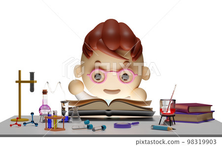 3d miniature cartoon scientist boy open magic book with science experiment kit, desk in lab isolated. room innovative education concept, 3d render illustration 98319903