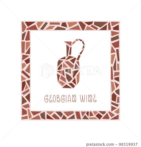 Wine jug vector illustration at hte frame. Traditional Georgian Antique clay amphora from tiles mosaic with lettering. 98319937