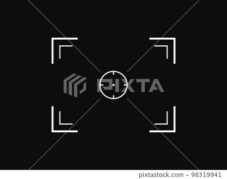 Simple vector target aim, focus lens icon template, logo, camera frame or photo viewfinder screen line symbol at black background. Simple vector target aim, focus lens icon template, logo, camera frame or photo viewfinder screen line symbol at black background. 98319941