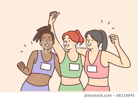 Smiling multiethnic female team celebrate sport victory Smiling multiethnic female team celebrate sport victory 98319945