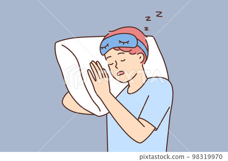 Tired guy sleep on pillow in bed 98319970
