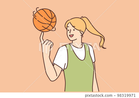 Smiling girl spin ball on finger Smiling girl spin ball on finger 98319971