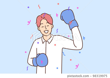 Man in boxer gloves celebrate win Man in boxer gloves celebrate win 98319975