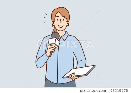Smiling female reporter with microphone Smiling female reporter with microphone 98319976