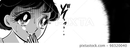 70s black and white pen drawing girl cartoon horror illustration of a scared black haired girl 98320040