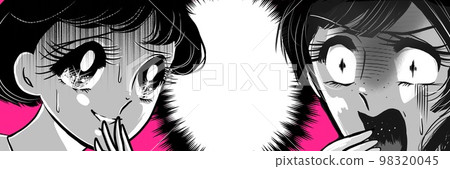 70's black and white pen drawing girl cartoon Horror illustration of frightened dark-haired girls 98320045