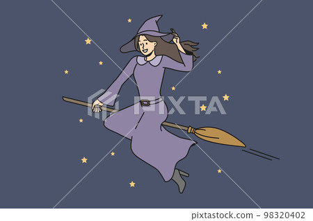 Smiling witch fly in sky on broom  98320402