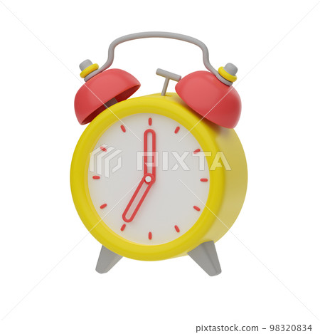 3D rendering of the alarm clock. 7 hours on the dial. Yellow retro vintage alarm clock, 3D style, realistic plastic. Isolated illustration. 98320834