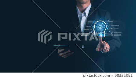 ChatGPT chatting with artificial intelligence or AI. Businessman hand hold smartphone with chatbot by OpenAI. Futuristic technology concept. 98321091