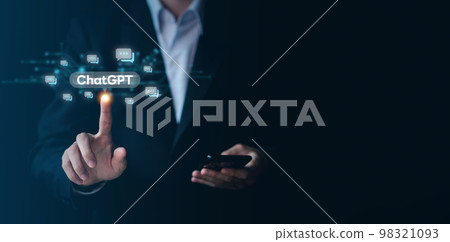 ChatGPT chatting with artificial intelligence or AI. Businessman hand hold smartphone with chatbot by OpenAI. Futuristic technology concept. ChatGPT chatting with artificial intelligence or AI. Businessman hand hold smartphone with chatbot by OpenAI. Futuristic technology concept. 98321093