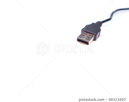 Black usb cord for transferring digital data on a white background. 98321697