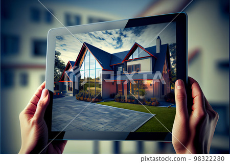 Hands holding tablet showing modern home, total blank project background, augmented reality concept, application to simulate exterior design products, 3d illustration Hands holding tablet showing modern home, total blank project background, augmented reality concept, application to simulate exterior design products, 3d illustration 98322280
