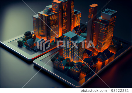 Hands holding tablet showing modern home, total blank project background, augmented reality concept, application to simulate exterior design products, 3d illustration 98322281