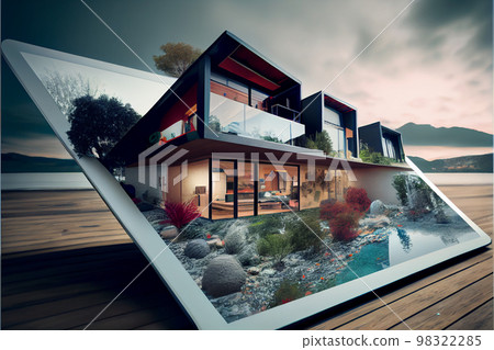 Hands holding tablet showing modern home, total blank project background, augmented reality concept, application to simulate exterior design products, 3d illustration Hands holding tablet showing modern home, total blank project background, augmented reality concept, application to simulate exterior design products, 3d illustration 98322285
