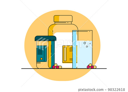 Vector flat pill bottle with capsule pills and glass with water 98322618