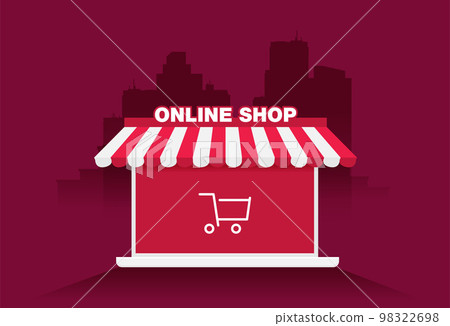 Online store. Sale, Laptop with awning isolated on color background Online store. Sale, Laptop with awning isolated on color background 98322698