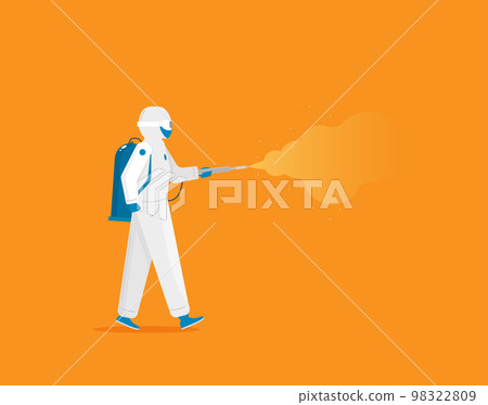 Man in hazmat. Protective suit, gas mask and gas cylinder for disinfection coronavirus. Flat vector 98322809