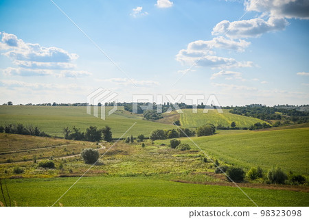 Green Grass Field Landscape with fantastic clouds in the backgro Green Grass Field Landscape with fantastic clouds in the backgro 98323098