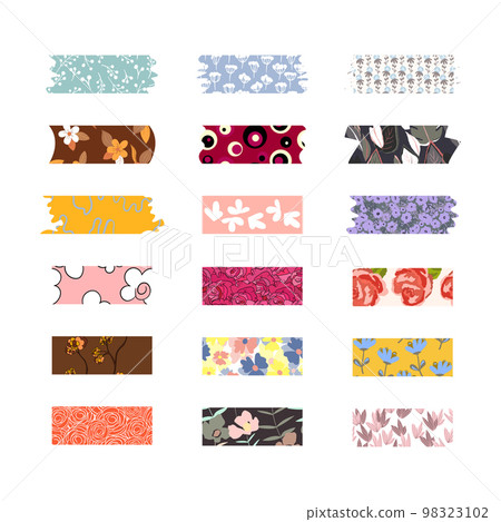 Vector illustration of a set of decorative ribbon stripes. Masking tape, satin or corsage, grssgrain tape, adhesive tapes for frames, scrapbooking. Packing patterned ribbons with flowers, berries Vector illustration of a set of decorative ribbon stripes. Masking tape, satin or corsage, grssgrain tape, adhesive tapes for frames, scrapbooking. Packing patterned ribbons with flowers, berries 98323102